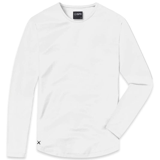 Cuts Clothing Mens Premium AO Casual Crew Neck Long Sleeve Shirt | Classic Curve Hem | PYCA Pro Soft Fabric| White Medium